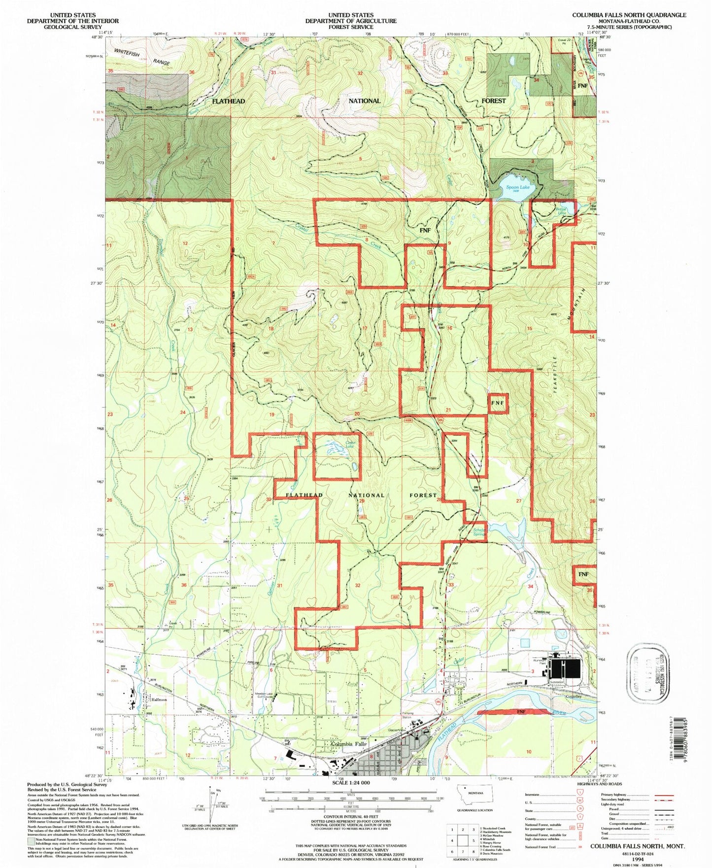 Classic USGS Columbia Falls North Montana 7.5'x7.5' Topo Map Image