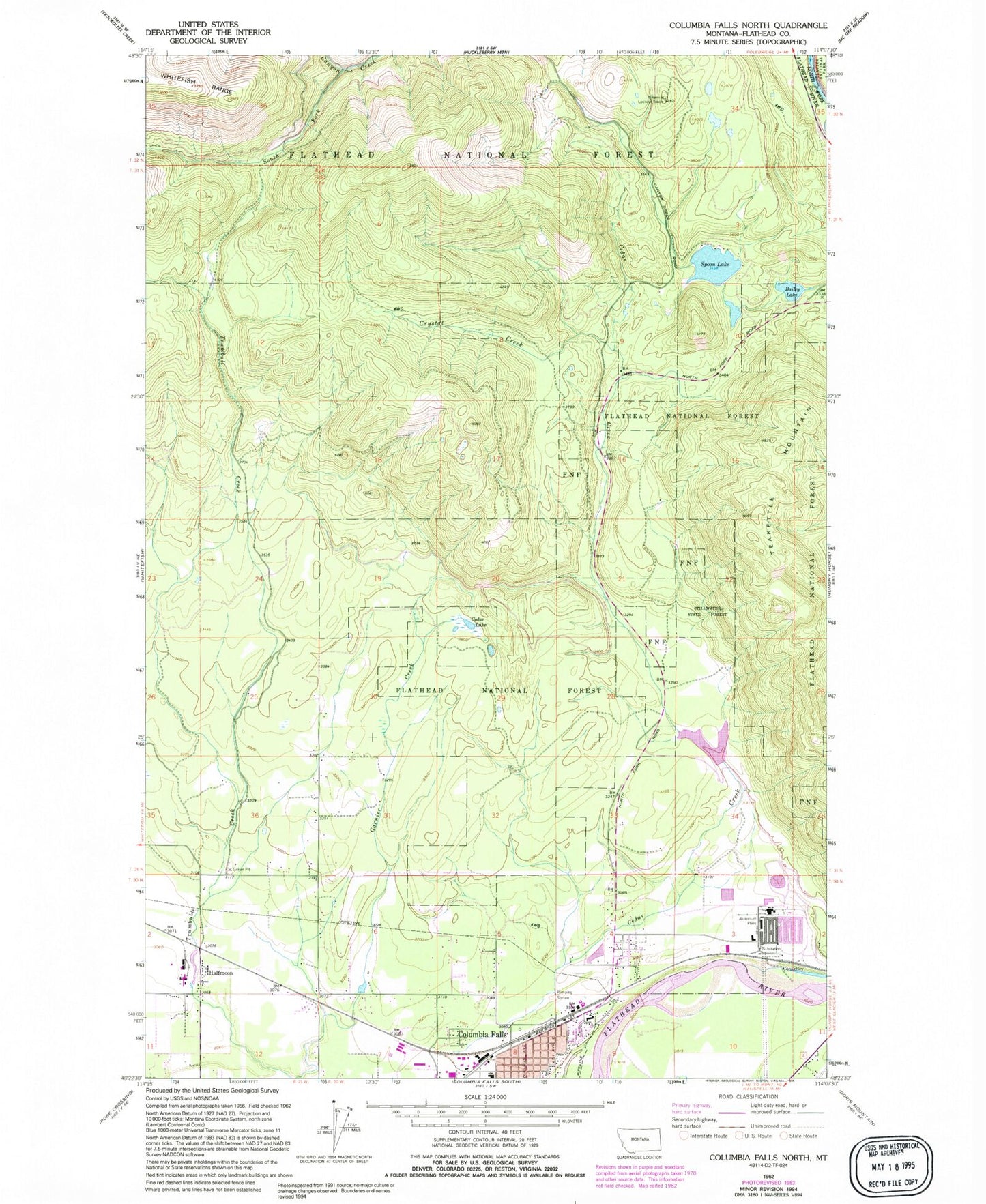 Classic USGS Columbia Falls North Montana 7.5'x7.5' Topo Map Image