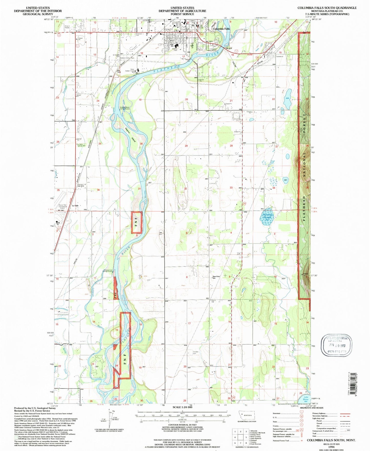Classic USGS Columbia Falls South Montana 7.5'x7.5' Topo Map Image