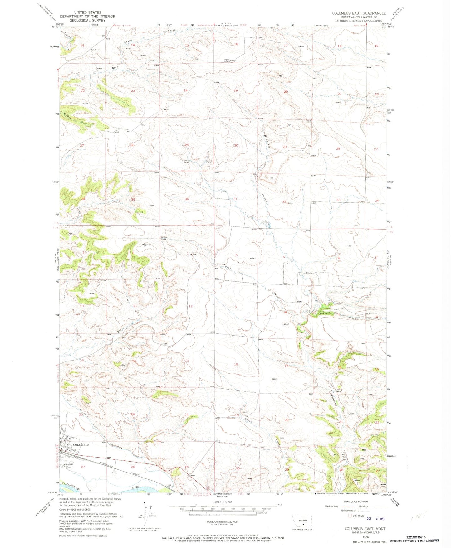 Classic USGS Columbus East Montana 7.5'x7.5' Topo Map Image