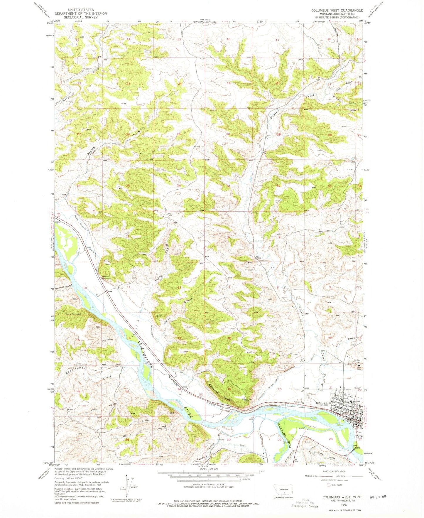 Classic USGS Columbus West Montana 7.5'x7.5' Topo Map Image