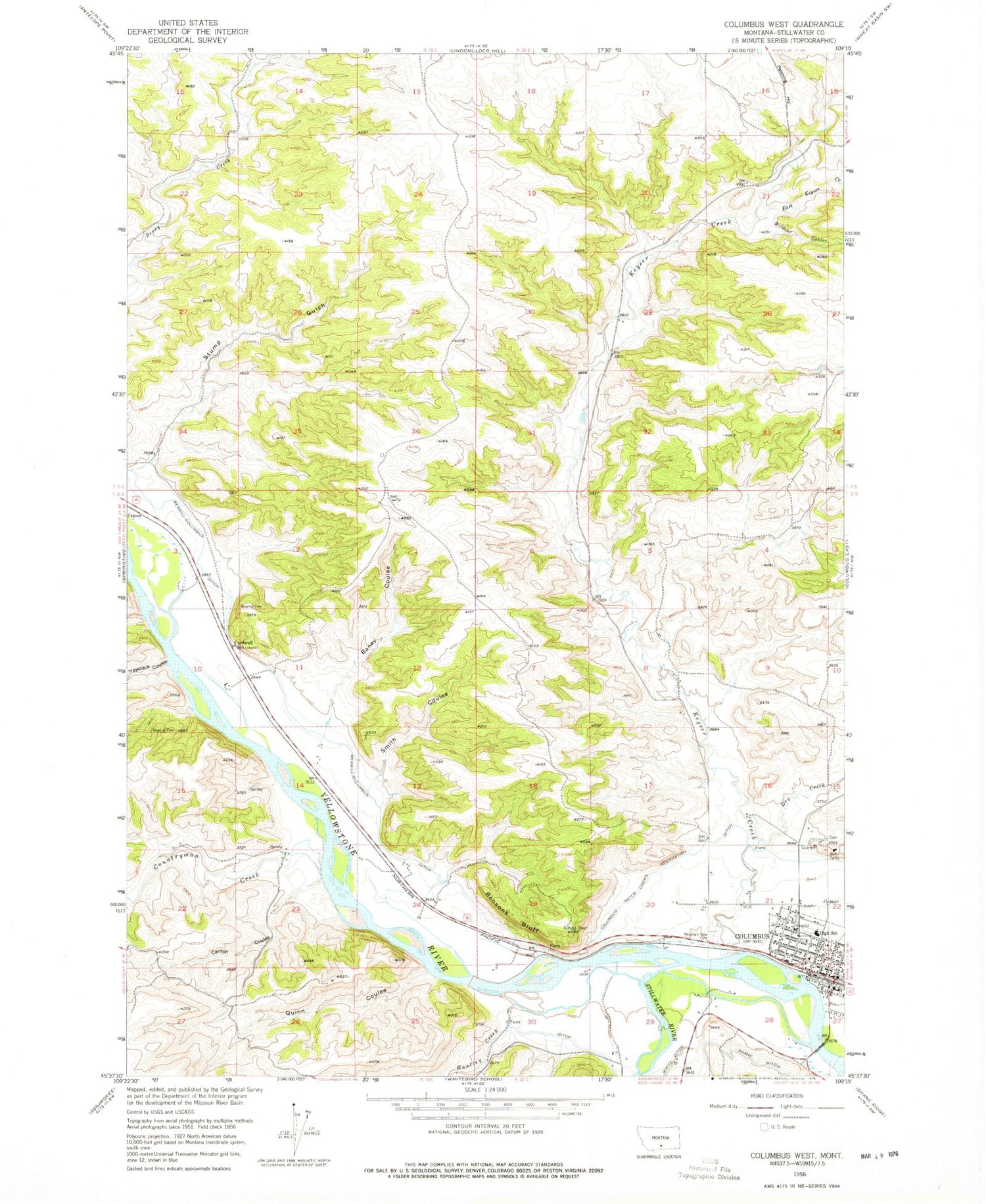 Classic USGS Columbus West Montana 7.5'x7.5' Topo Map Image