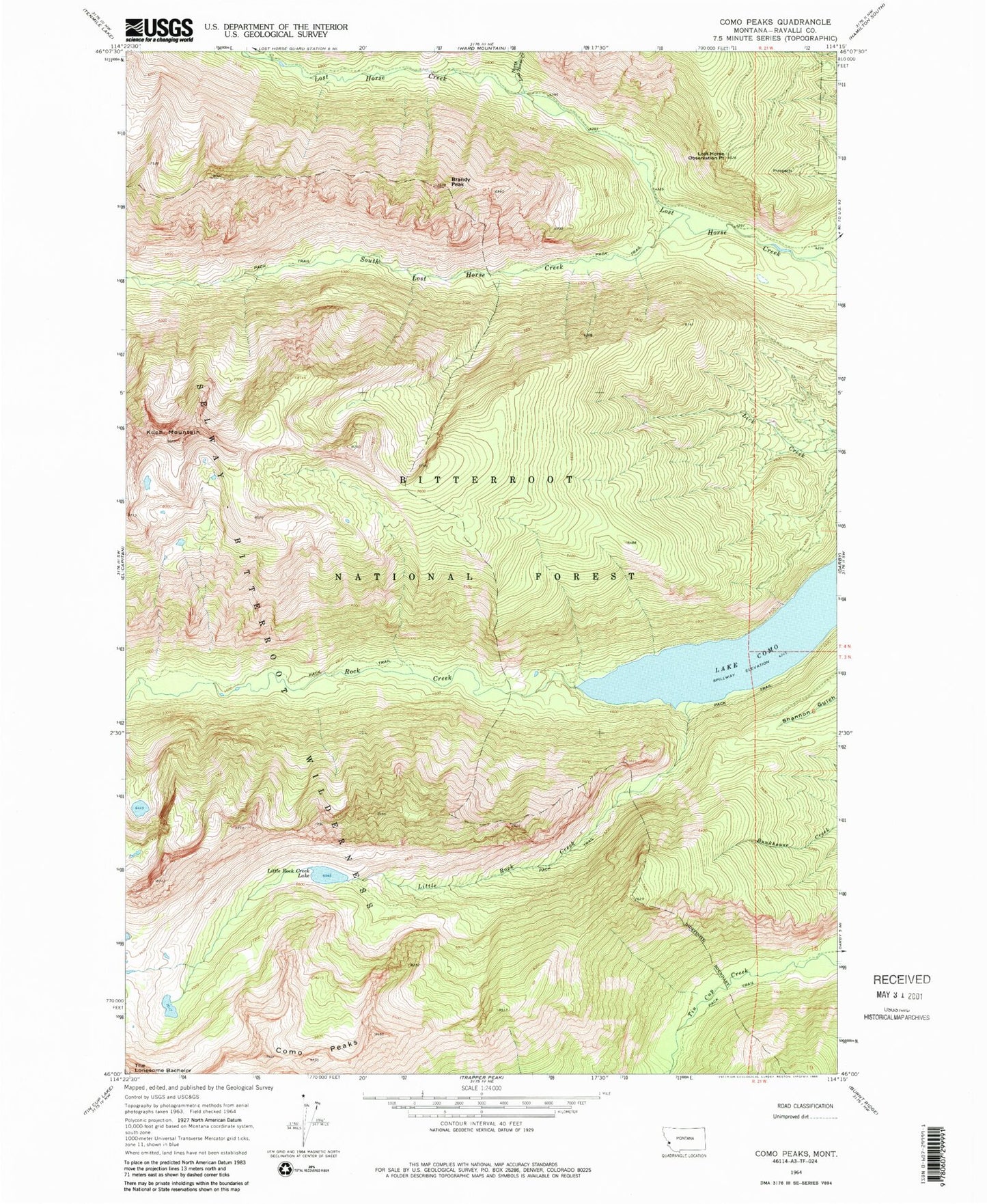 Classic USGS Como Peaks Montana 7.5'x7.5' Topo Map Image