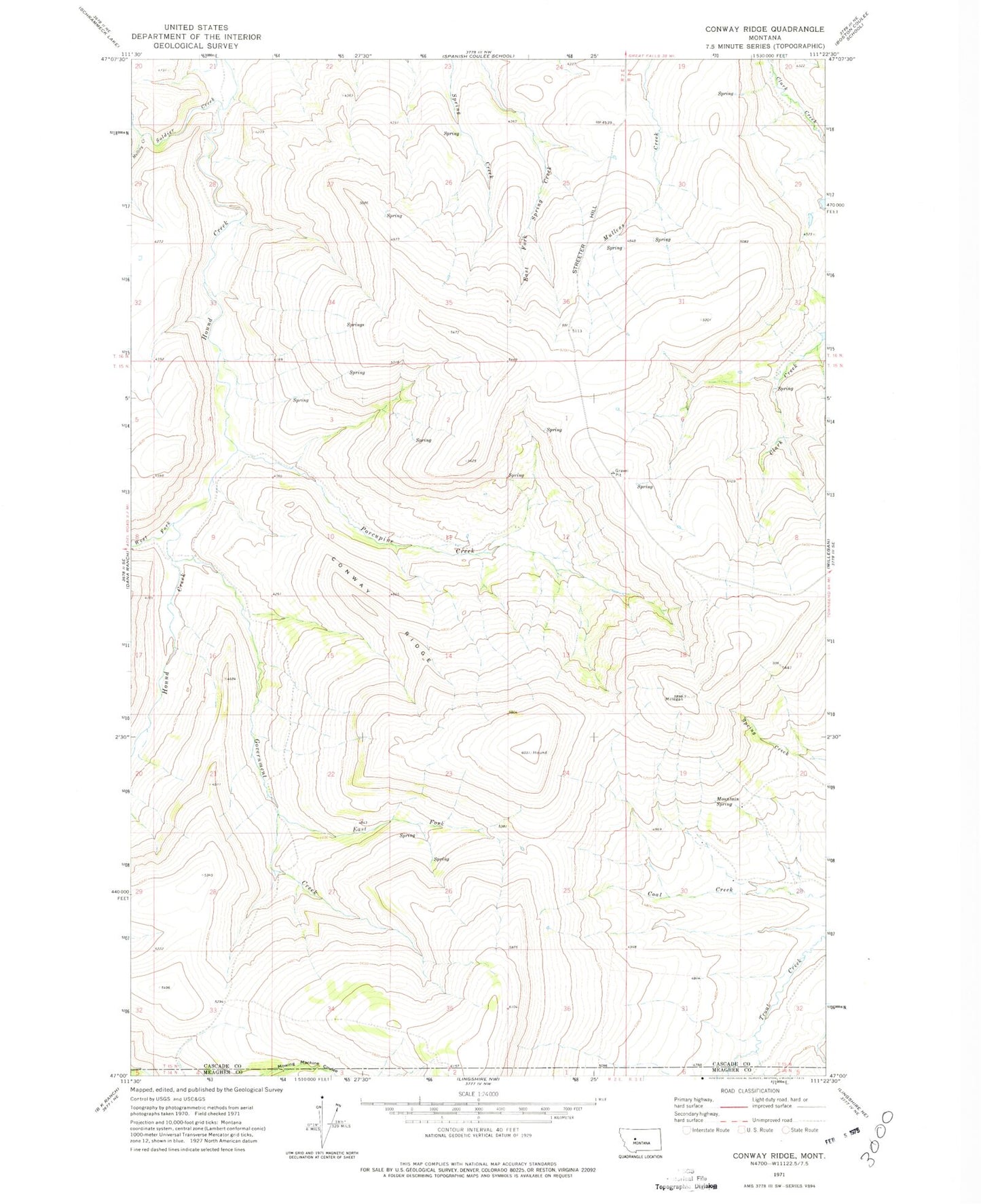 Classic USGS Conway Ridge Montana 7.5'x7.5' Topo Map Image