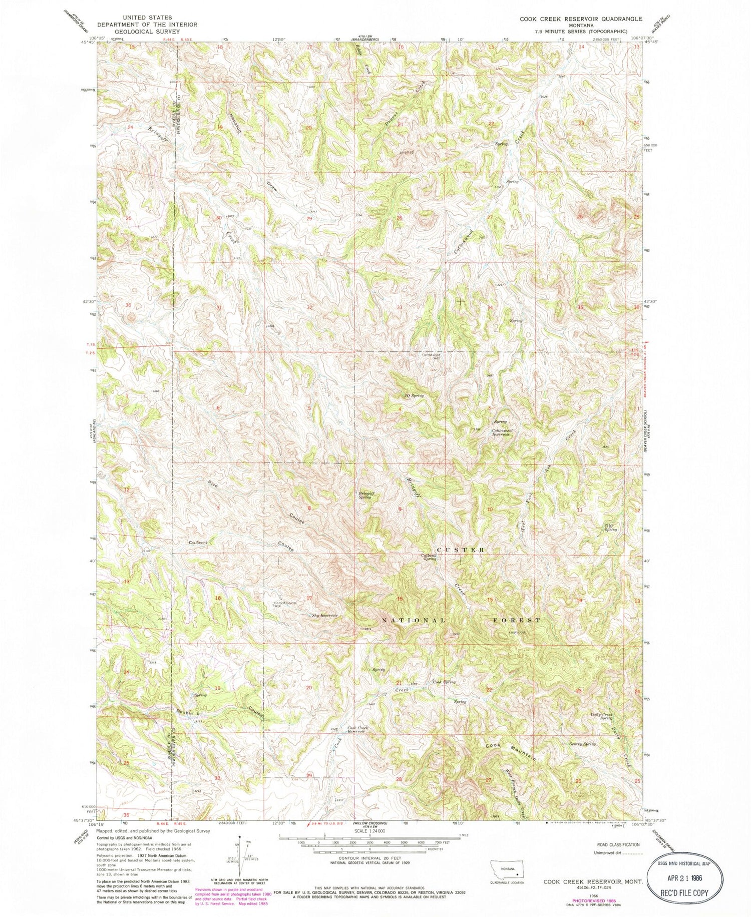 Classic USGS Cook Creek Reservoir Montana 7.5'x7.5' Topo Map Image