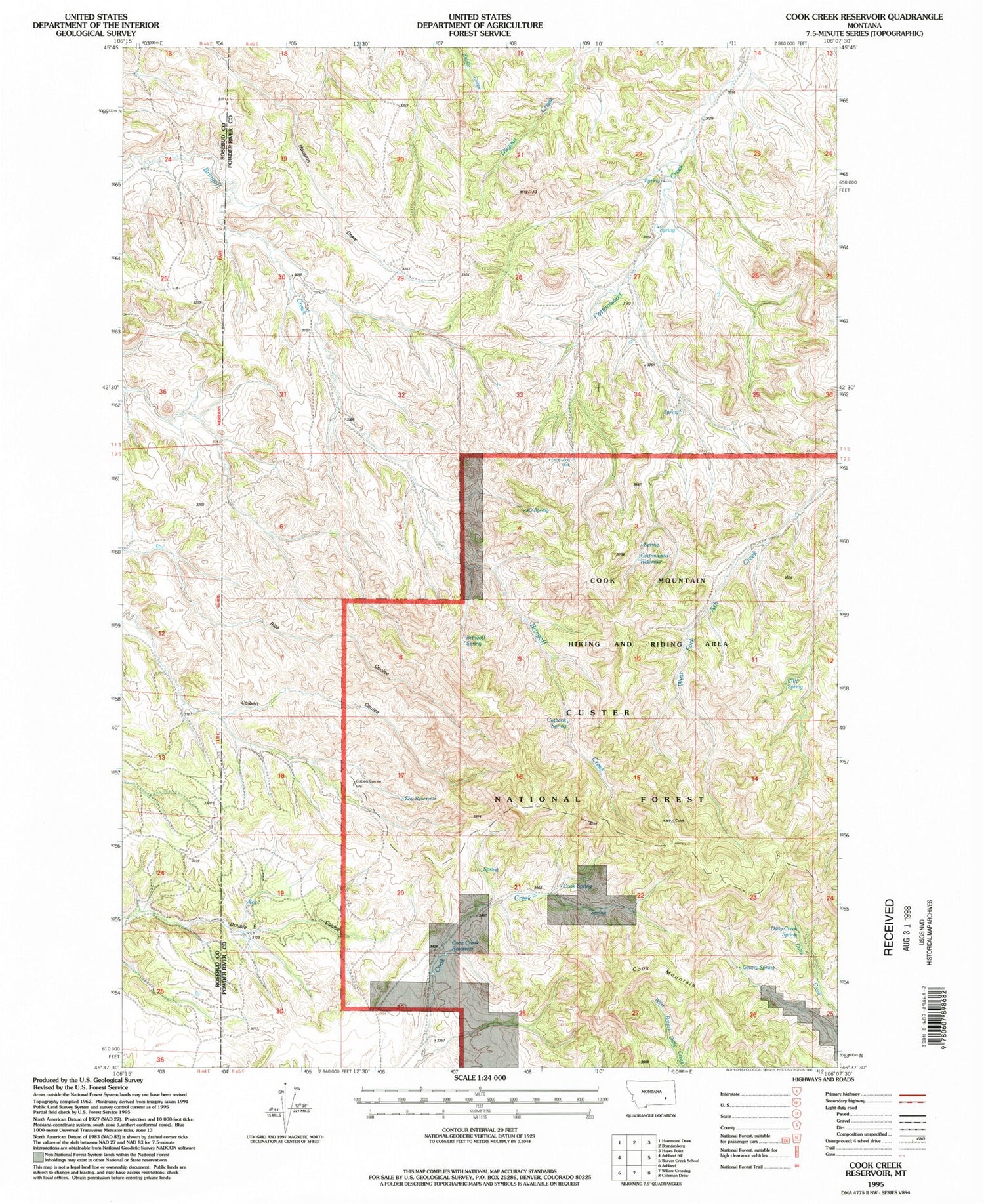 Classic USGS Cook Creek Reservoir Montana 7.5'x7.5' Topo Map Image