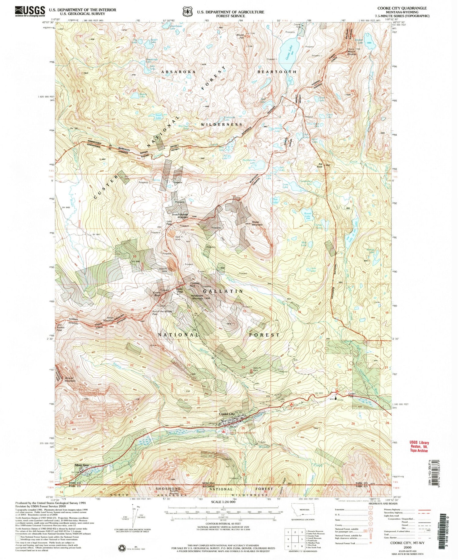 USGS Classic Cooke City Montana 7.5'x7.5' Topo Map Image