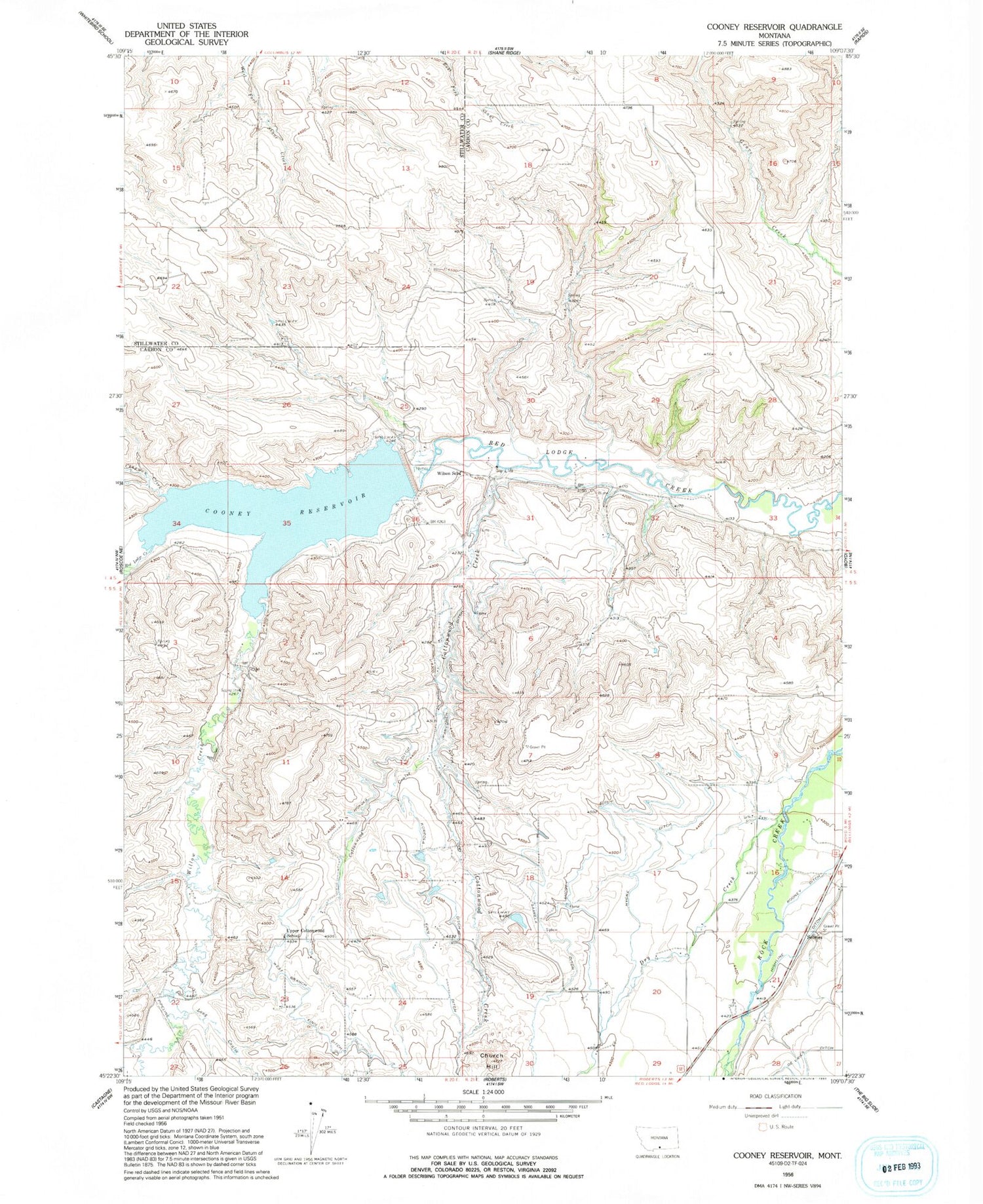 Classic USGS Cooney Reservoir Montana 7.5'x7.5' Topo Map Image