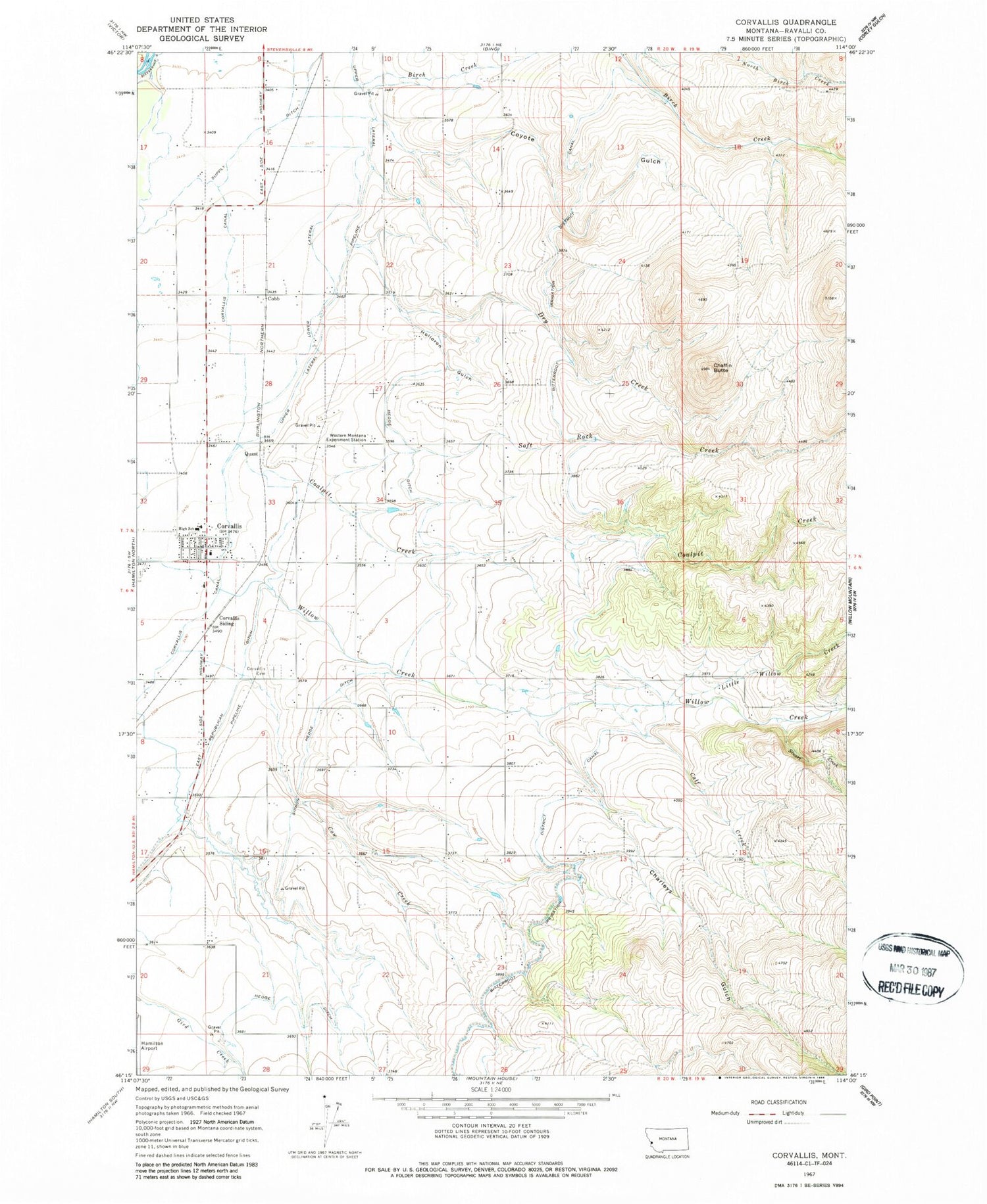 Classic USGS Corvallis Montana 7.5'x7.5' Topo Map Image