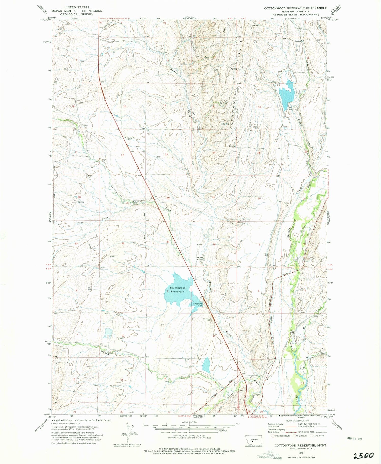Classic USGS Cottonwood Reservoir Montana 7.5'x7.5' Topo Map Image