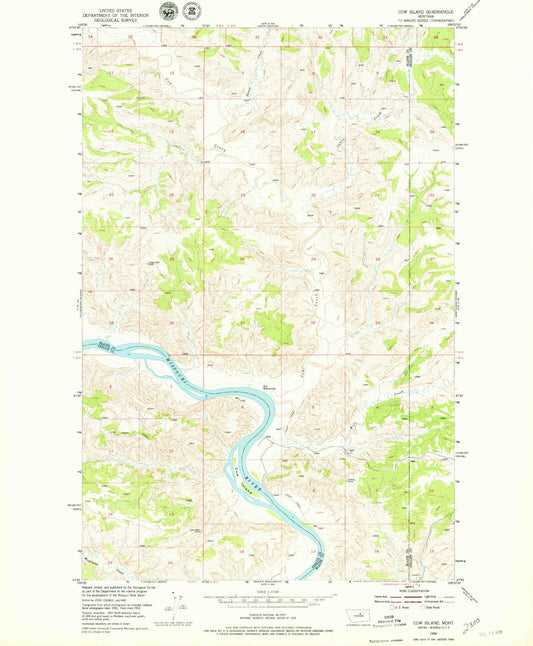 Classic USGS Cow Island Montana 7.5'x7.5' Topo Map Image