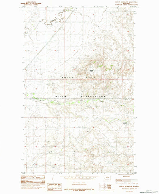 Classic USGS Cowan Reservoir Montana 7.5'x7.5' Topo Map Image