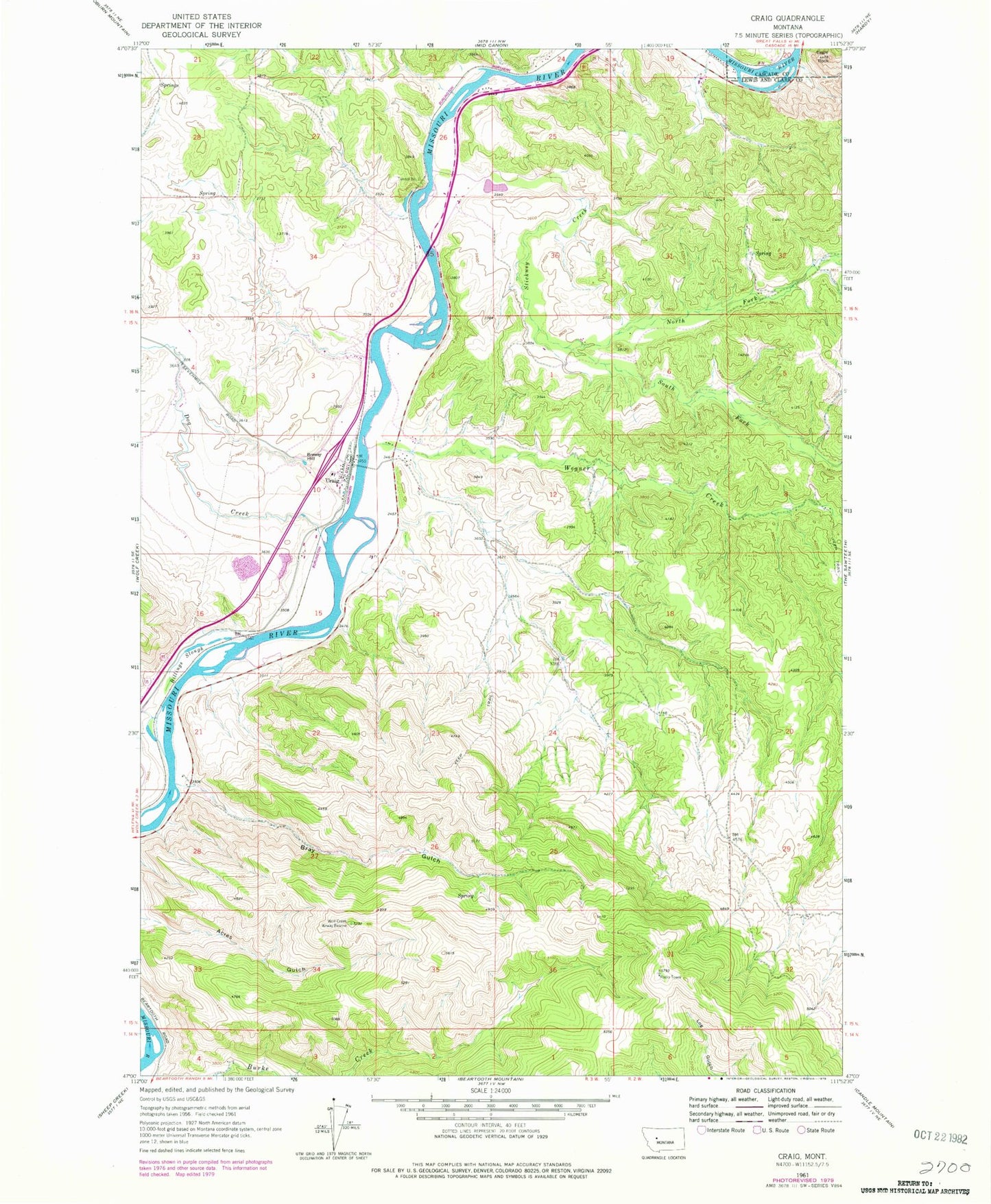 Classic USGS Craig Montana 7.5'x7.5' Topo Map Image