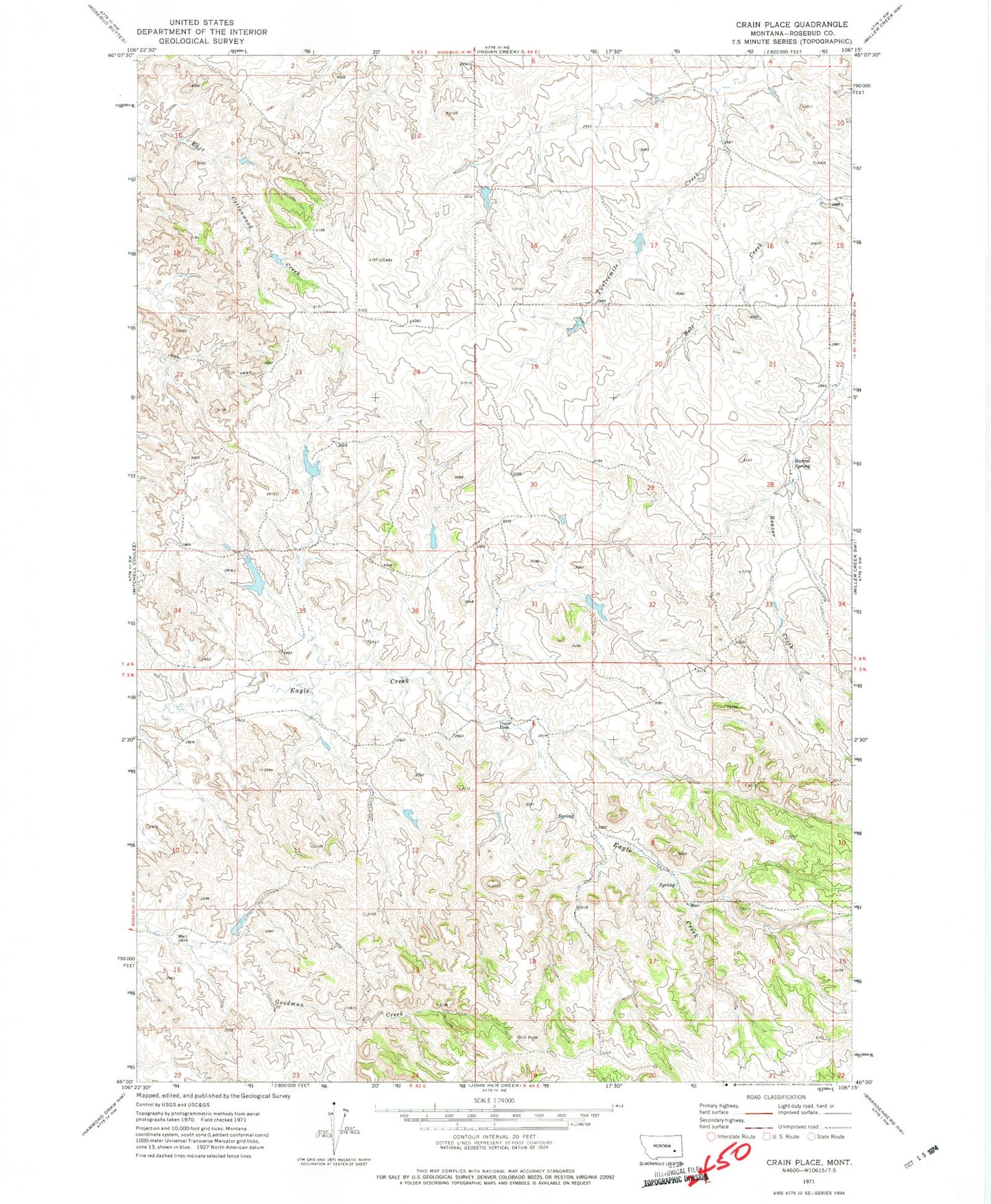 Classic USGS Crain Place Montana 7.5'x7.5' Topo Map Image