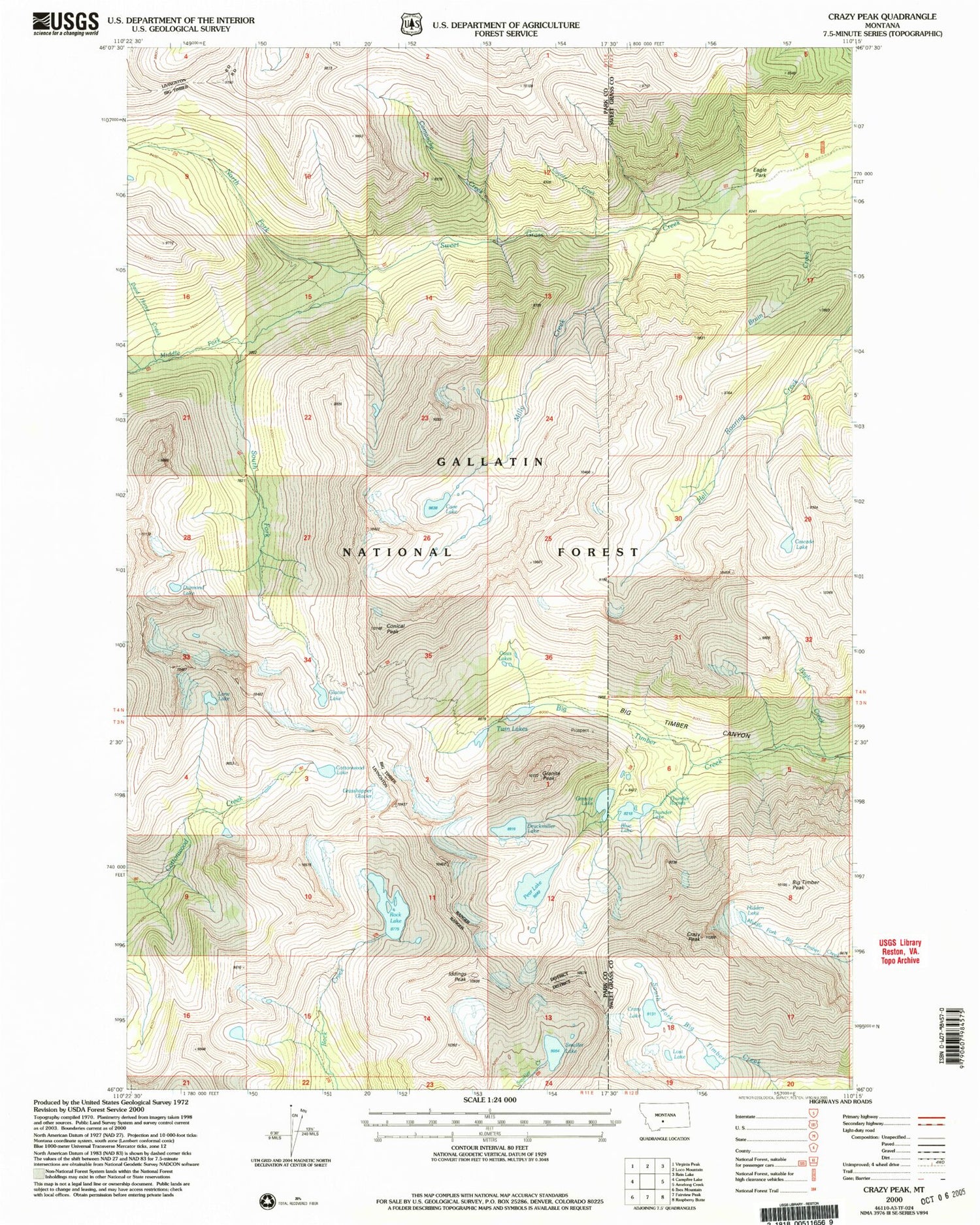 Classic USGS Crazy Peak Montana 7.5'x7.5' Topo Map Image