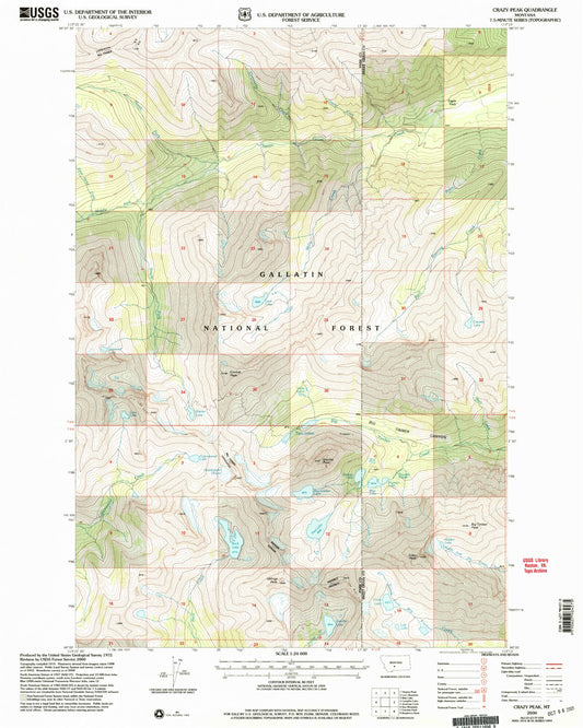 Classic USGS Crazy Peak Montana 7.5'x7.5' Topo Map Image