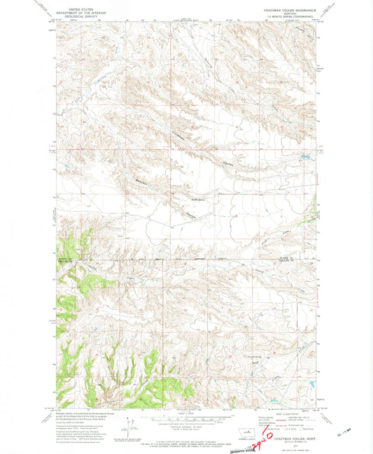 Classic USGS Crazyman Coulee Montana 7.5'x7.5' Topo Map Image