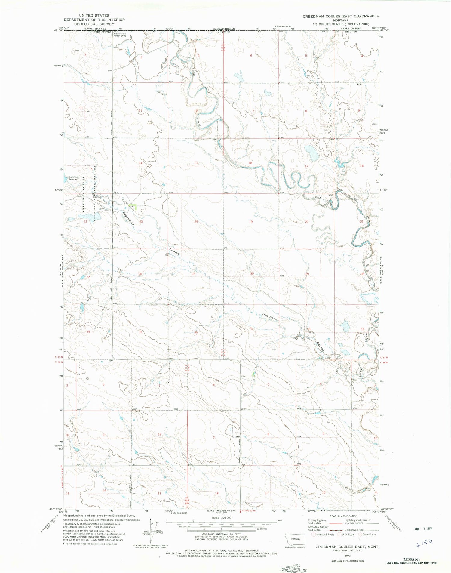 Classic USGS Creedman Coulee East Montana 7.5'x7.5' Topo Map Image