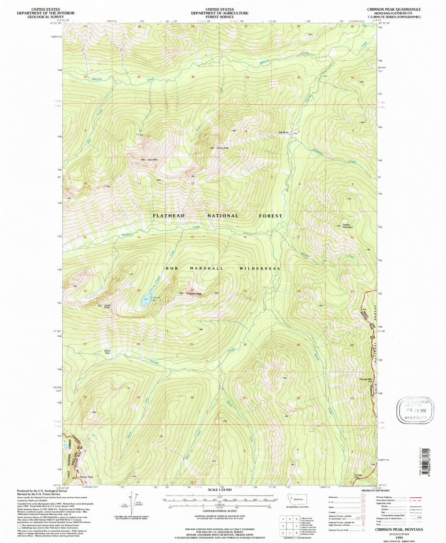 Classic USGS Crimson Peak Montana 7.5'x7.5' Topo Map Image