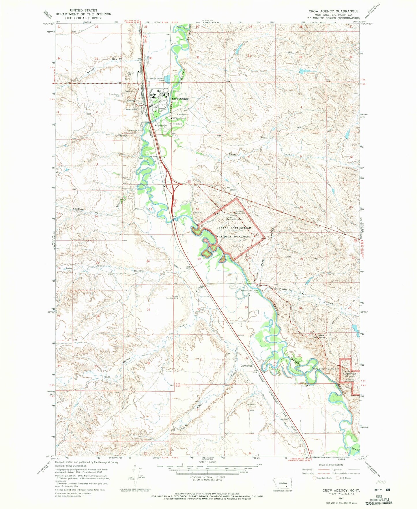 Classic USGS Crow Agency Montana 7.5'x7.5' Topo Map Image