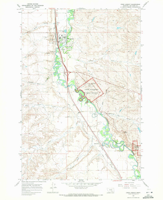 Classic USGS Crow Agency Montana 7.5'x7.5' Topo Map Image