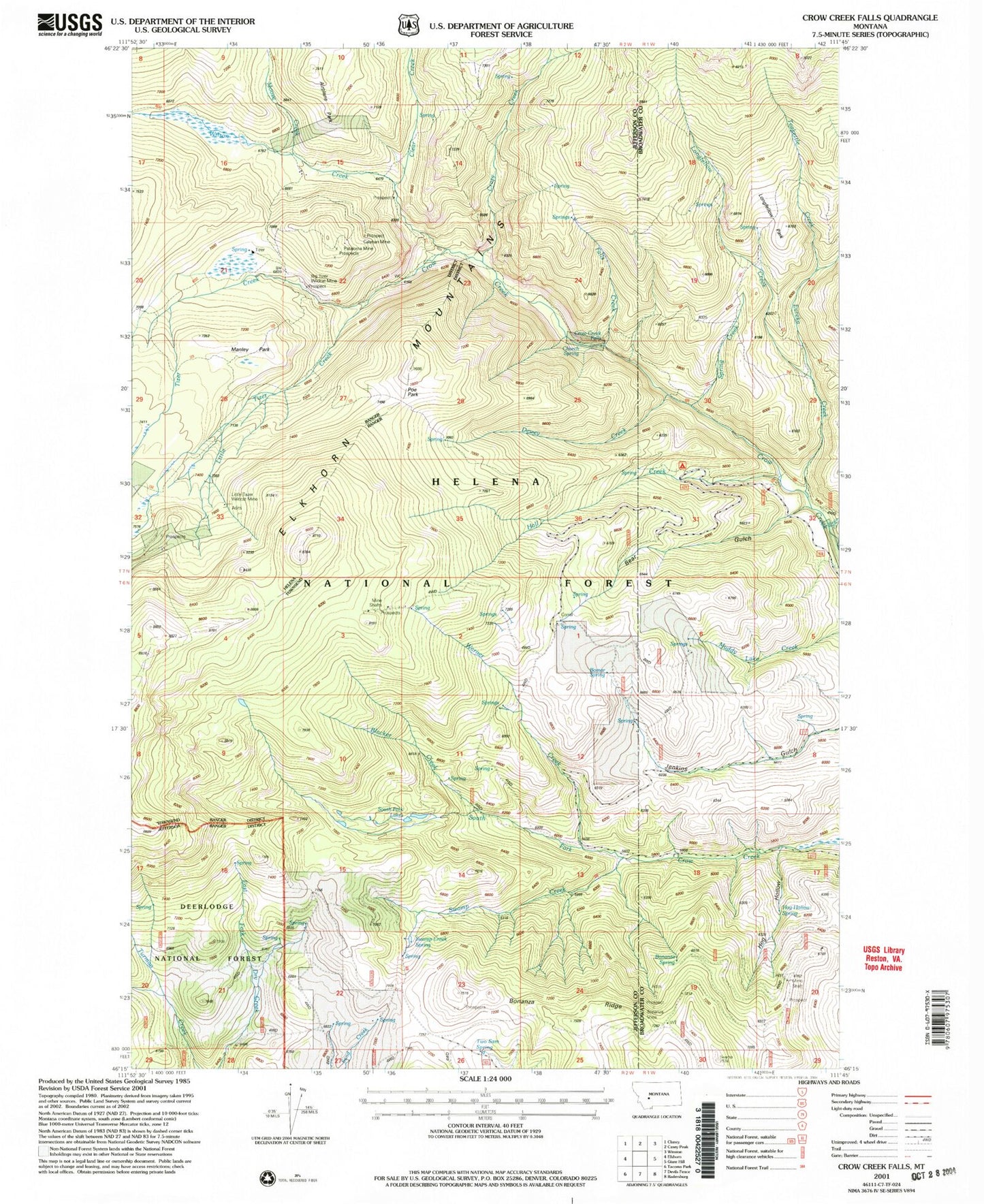 Classic USGS Crow Creek Falls Montana 7.5'x7.5' Topo Map Image