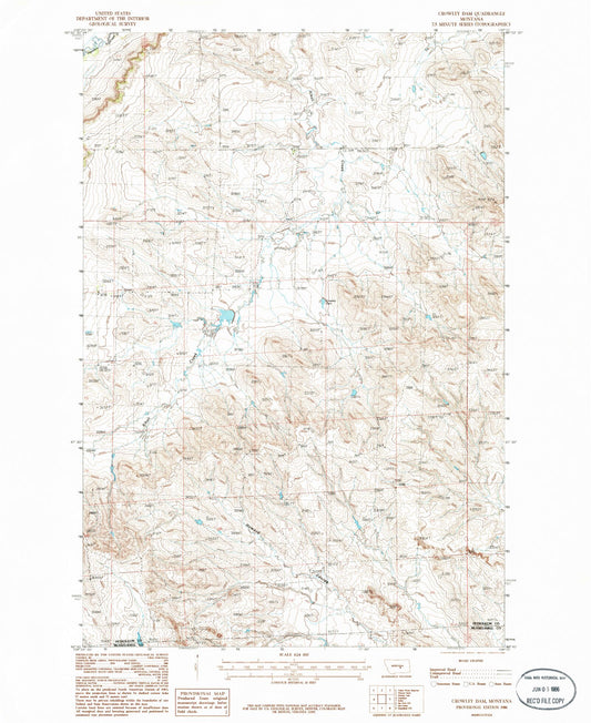 Classic USGS Crowley Dam Montana 7.5'x7.5' Topo Map Image