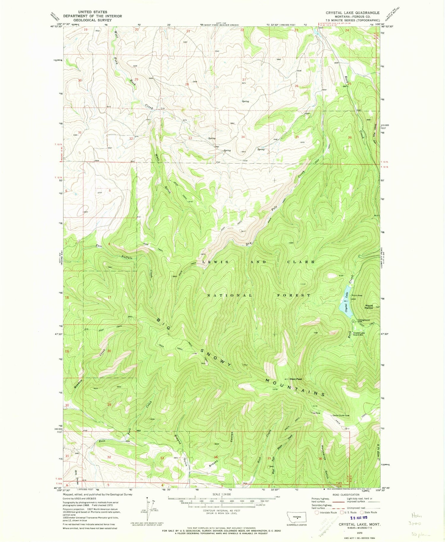 Classic USGS Crystal Lake Montana 7.5'x7.5' Topo Map Image