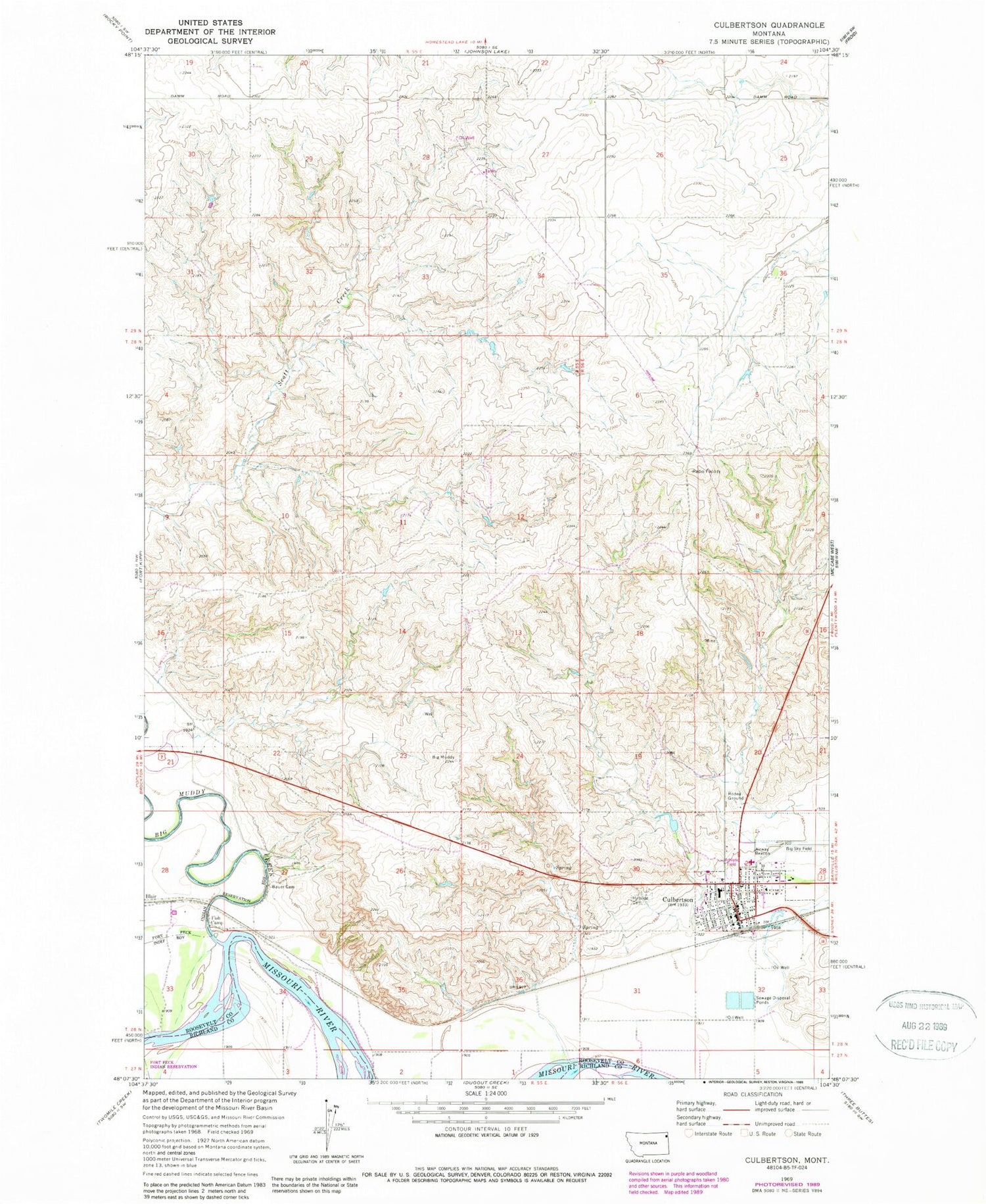 Classic USGS Culbertson Montana 7.5'x7.5' Topo Map Image