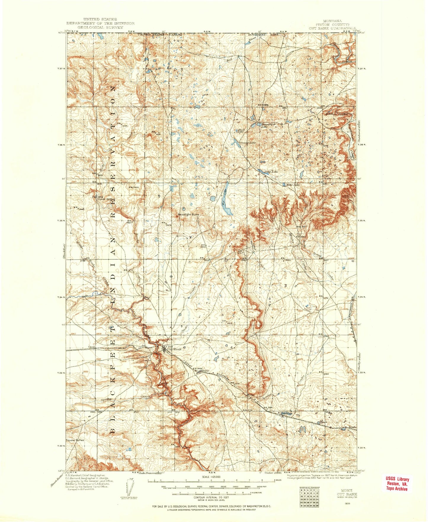 Historic 1909 Cut Bank Montana 30'x30' Topo Map Image