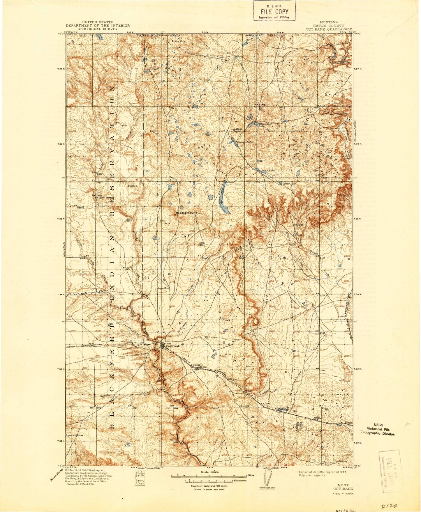 Historic 1912 Cut Bank Montana 30'x30' Topo Map Image
