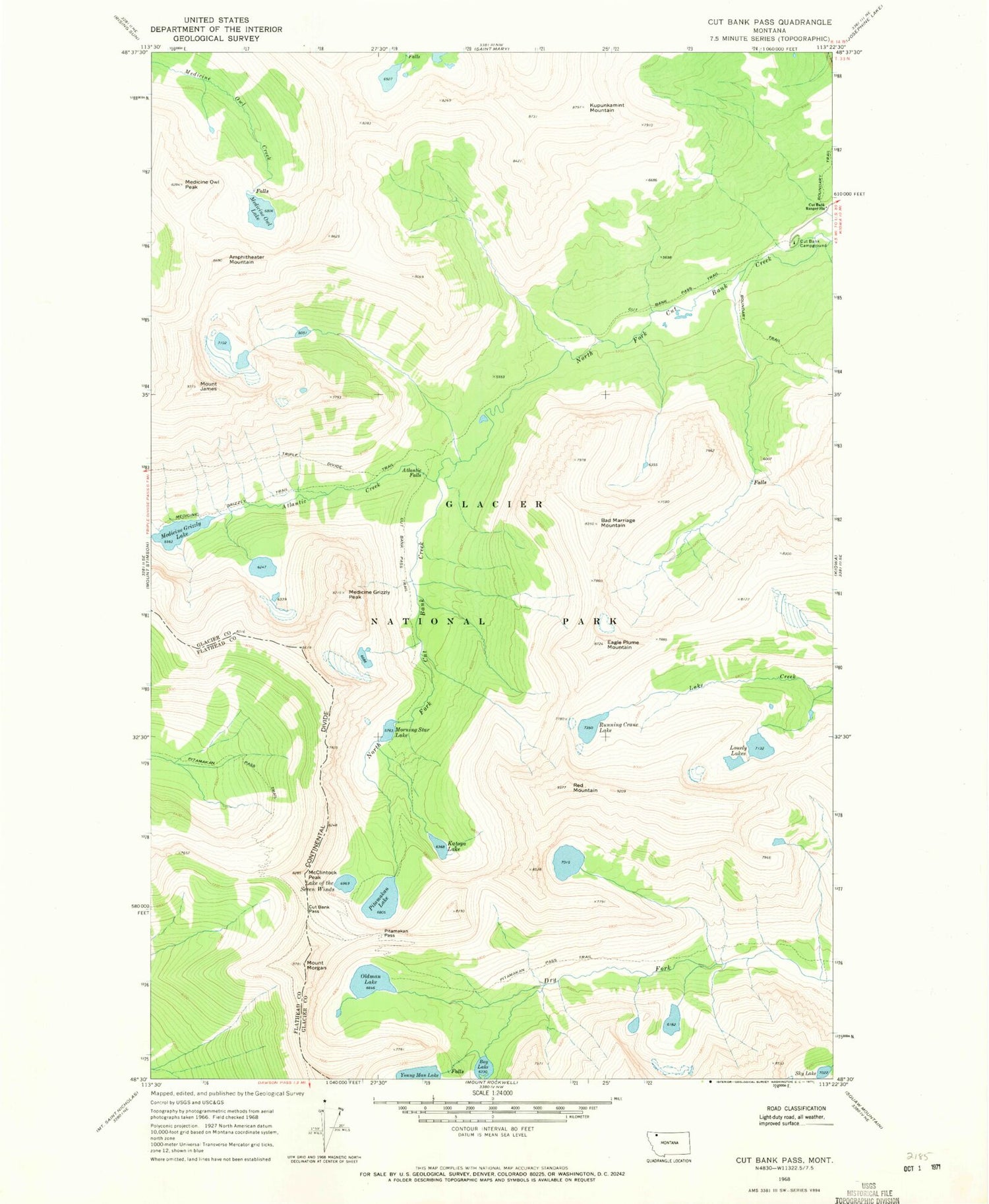Classic USGS Cut Bank Pass Montana 7.5'x7.5' Topo Map Image
