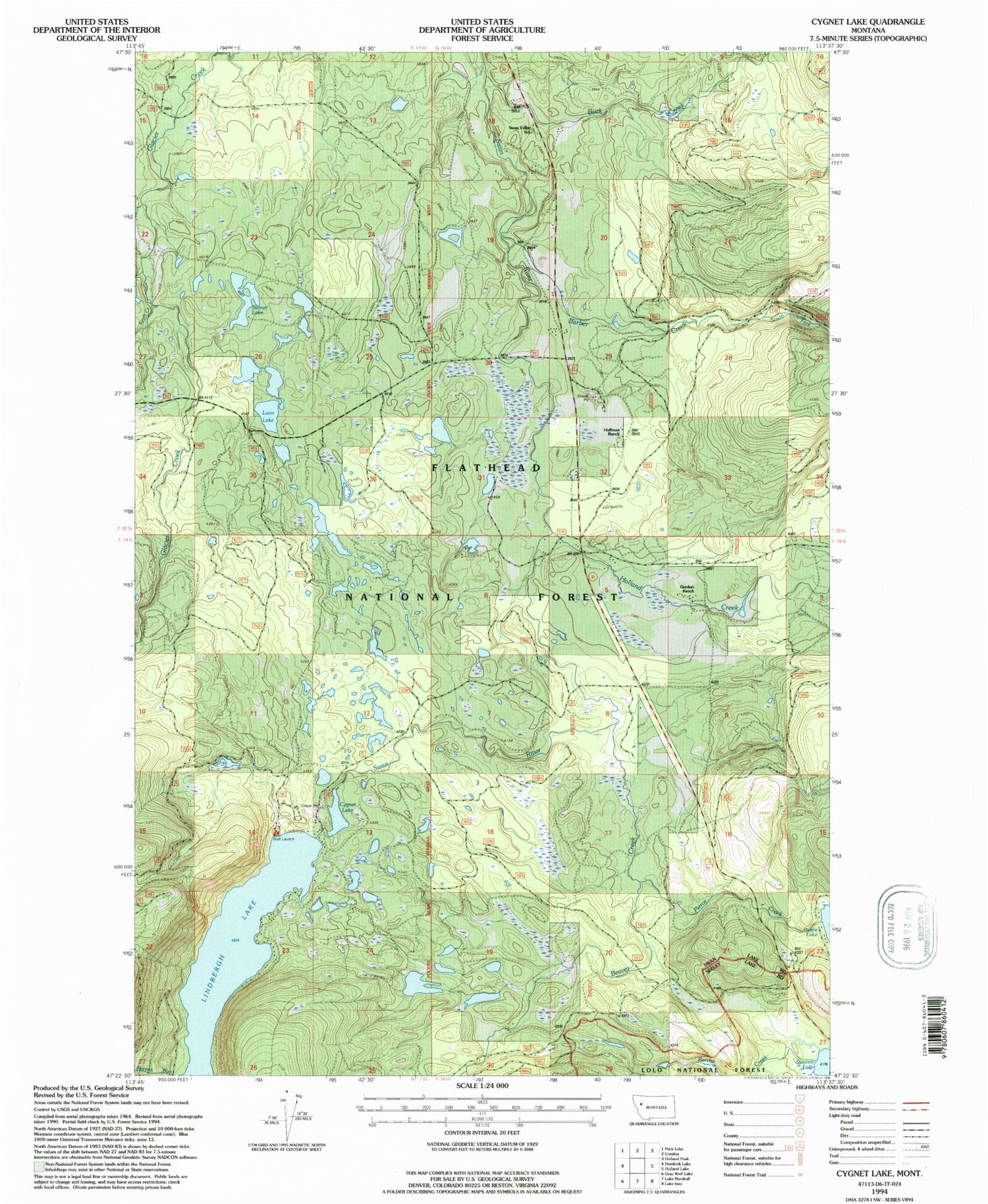 Classic USGS Cygnet Lake Montana 7.5'x7.5' Topo Map Image