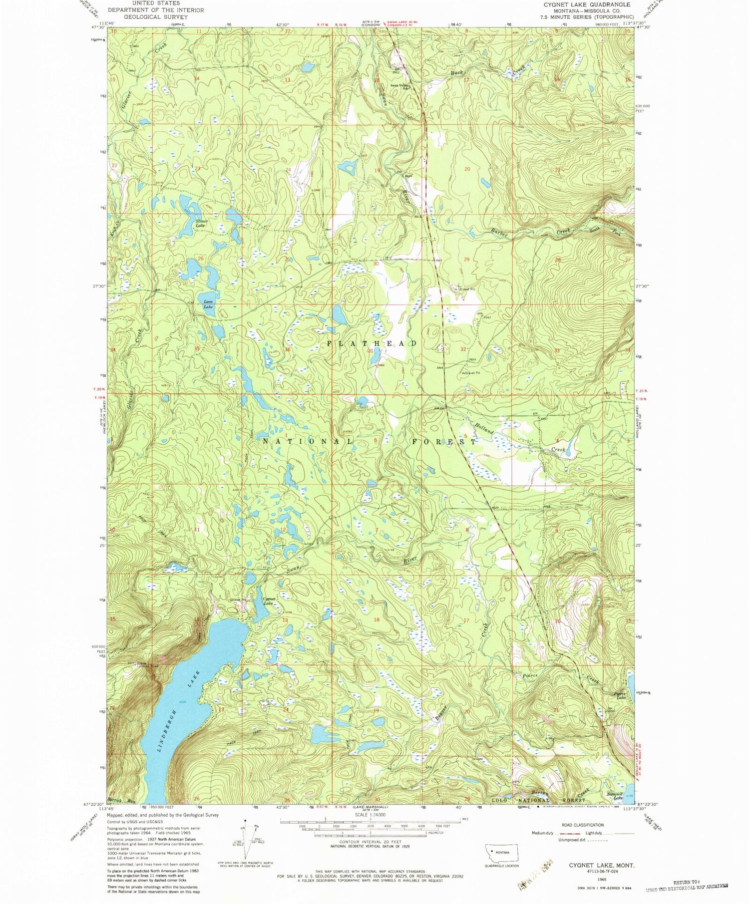 Classic USGS Cygnet Lake Montana 7.5'x7.5' Topo Map Image