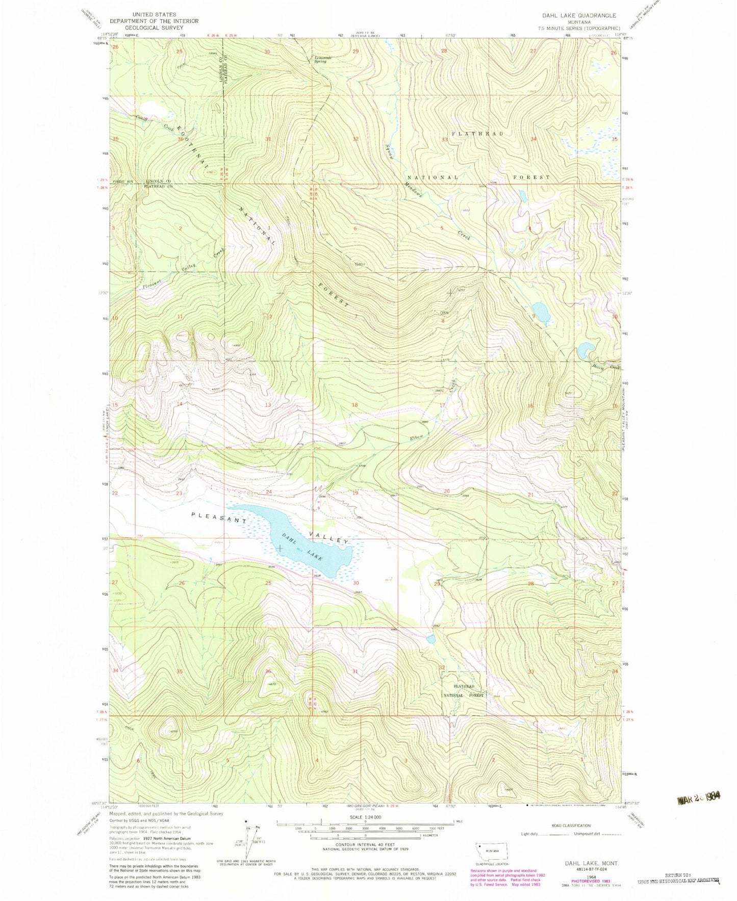 Classic USGS Dahl Lake Montana 7.5'x7.5' Topo Map Image