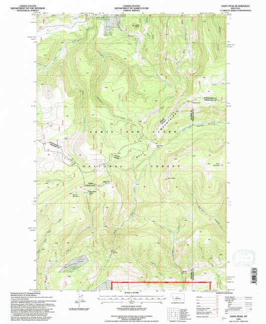 Classic USGS Daisy Peak Montana 7.5'x7.5' Topo Map Image