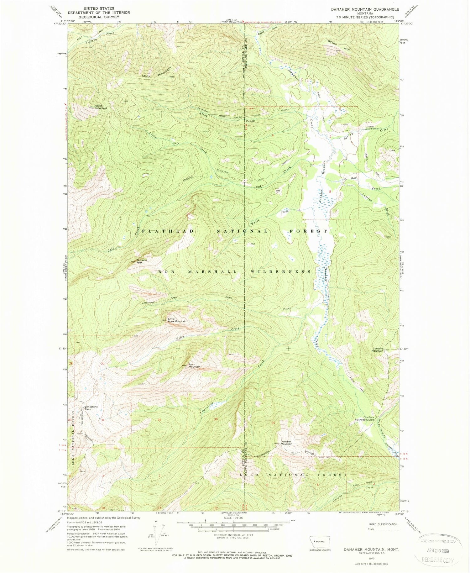 Classic USGS Danaher Mountain Montana 7.5'x7.5' Topo Map Image