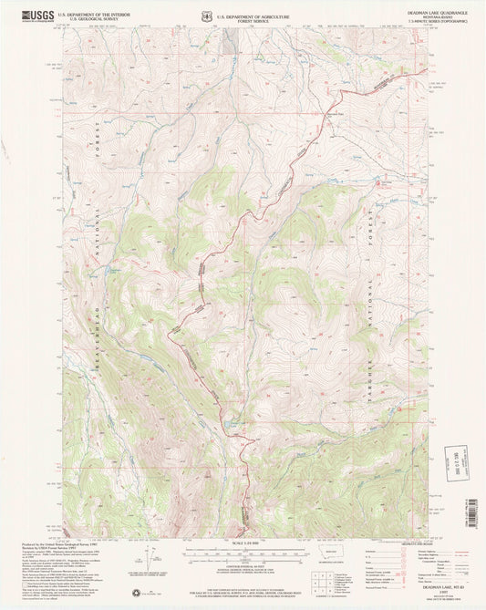 Classic USGS Deadman Lake Montana 7.5'x7.5' Topo Map Image