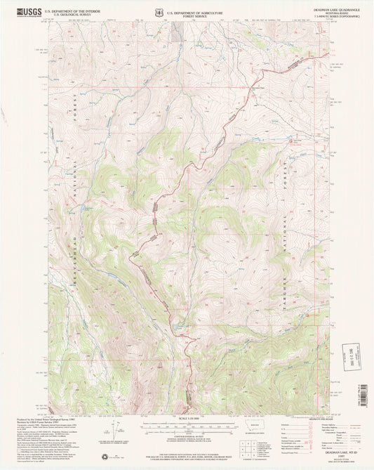 Classic USGS Deadman Lake Montana 7.5'x7.5' Topo Map Image