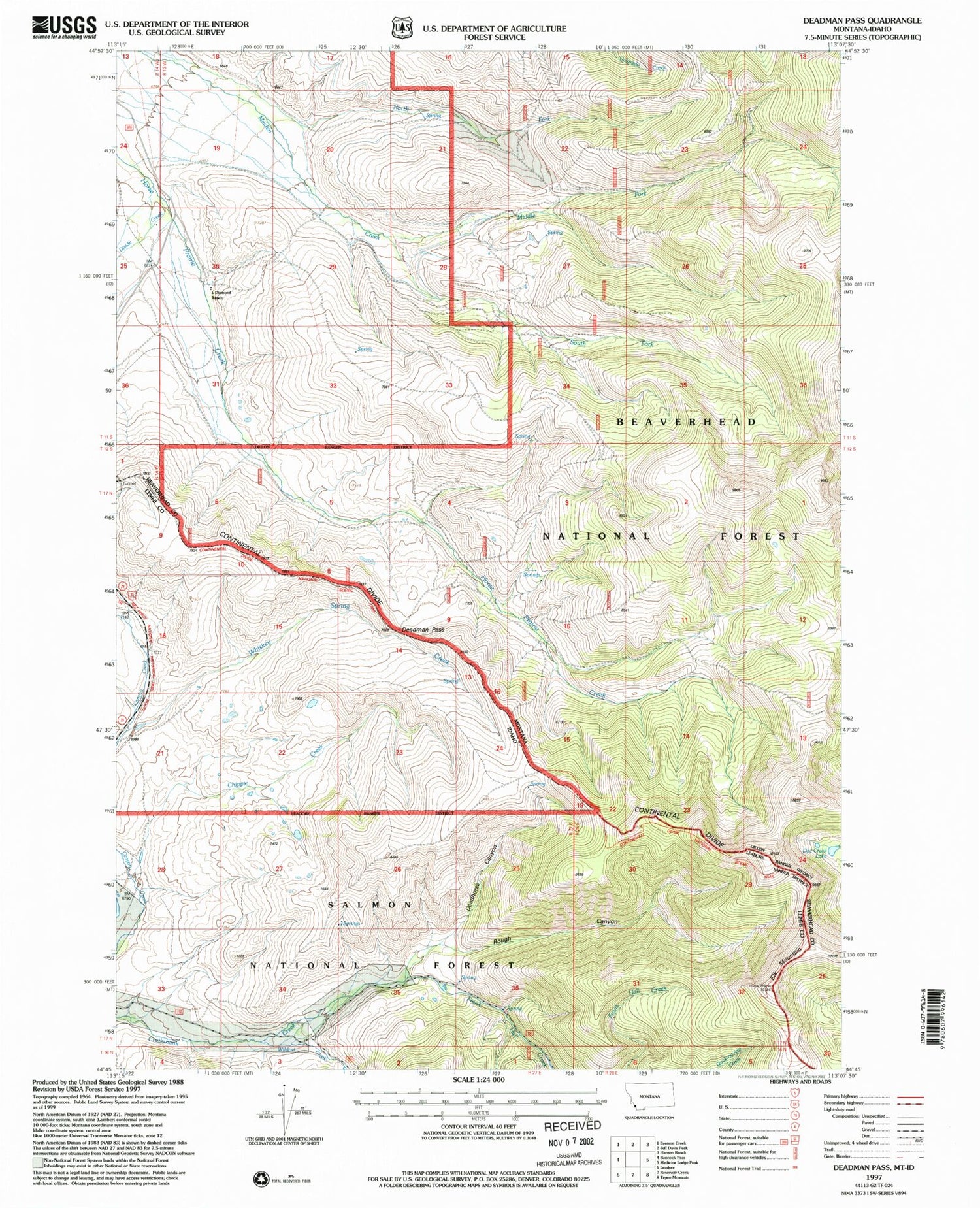 Classic USGS Deadman Pass Montana 7.5'x7.5' Topo Map Image
