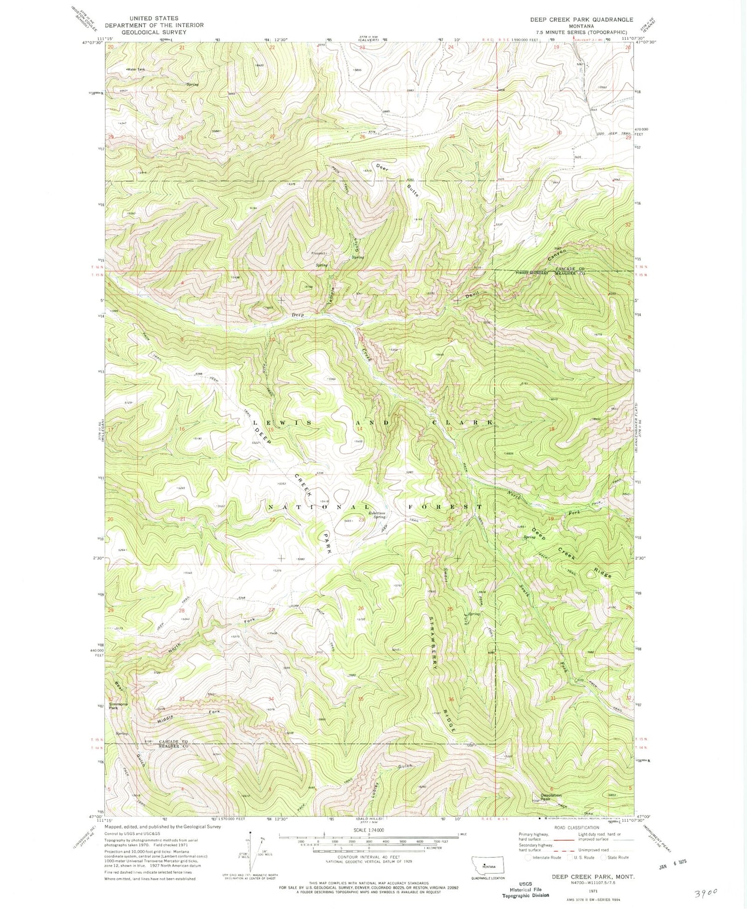Classic USGS Deep Creek Park Montana 7.5'x7.5' Topo Map Image
