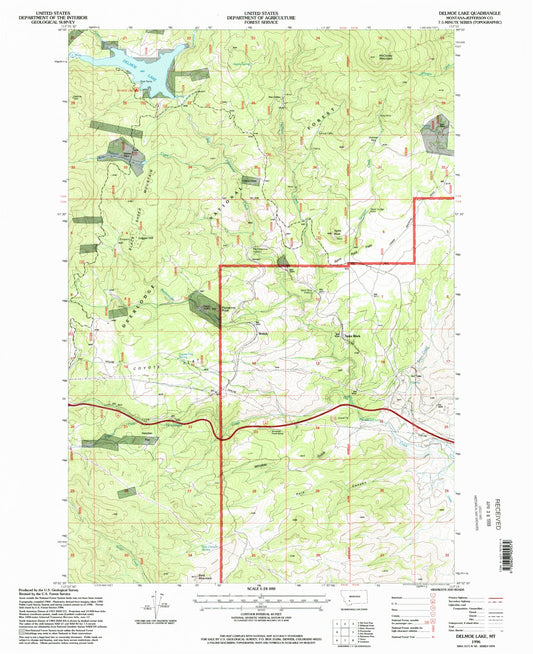 Classic USGS Delmoe Lake Montana 7.5'x7.5' Topo Map Image