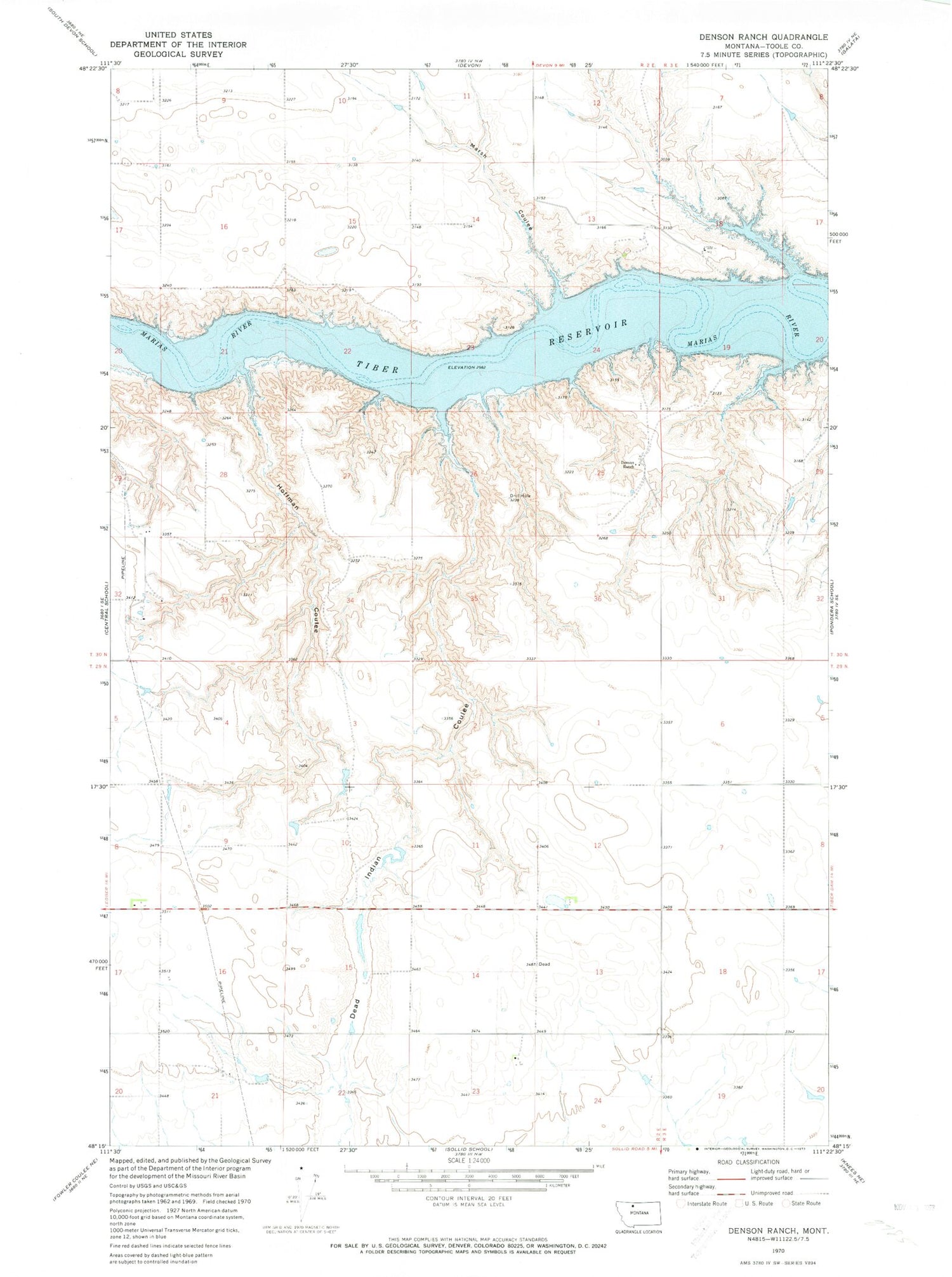 Classic USGS Denson Ranch Montana 7.5'x7.5' Topo Map Image