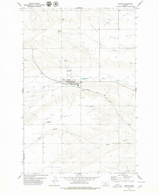 Classic USGS Denton Montana 7.5'x7.5' Topo Map Image