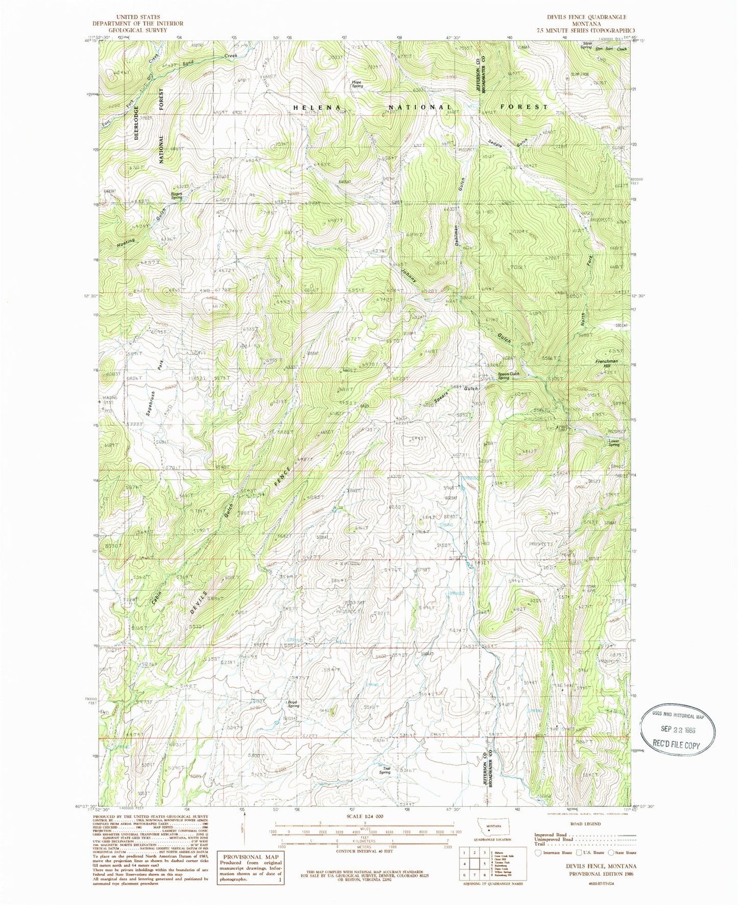 Classic USGS Devils Fence Montana 7.5'x7.5' Topo Map Image