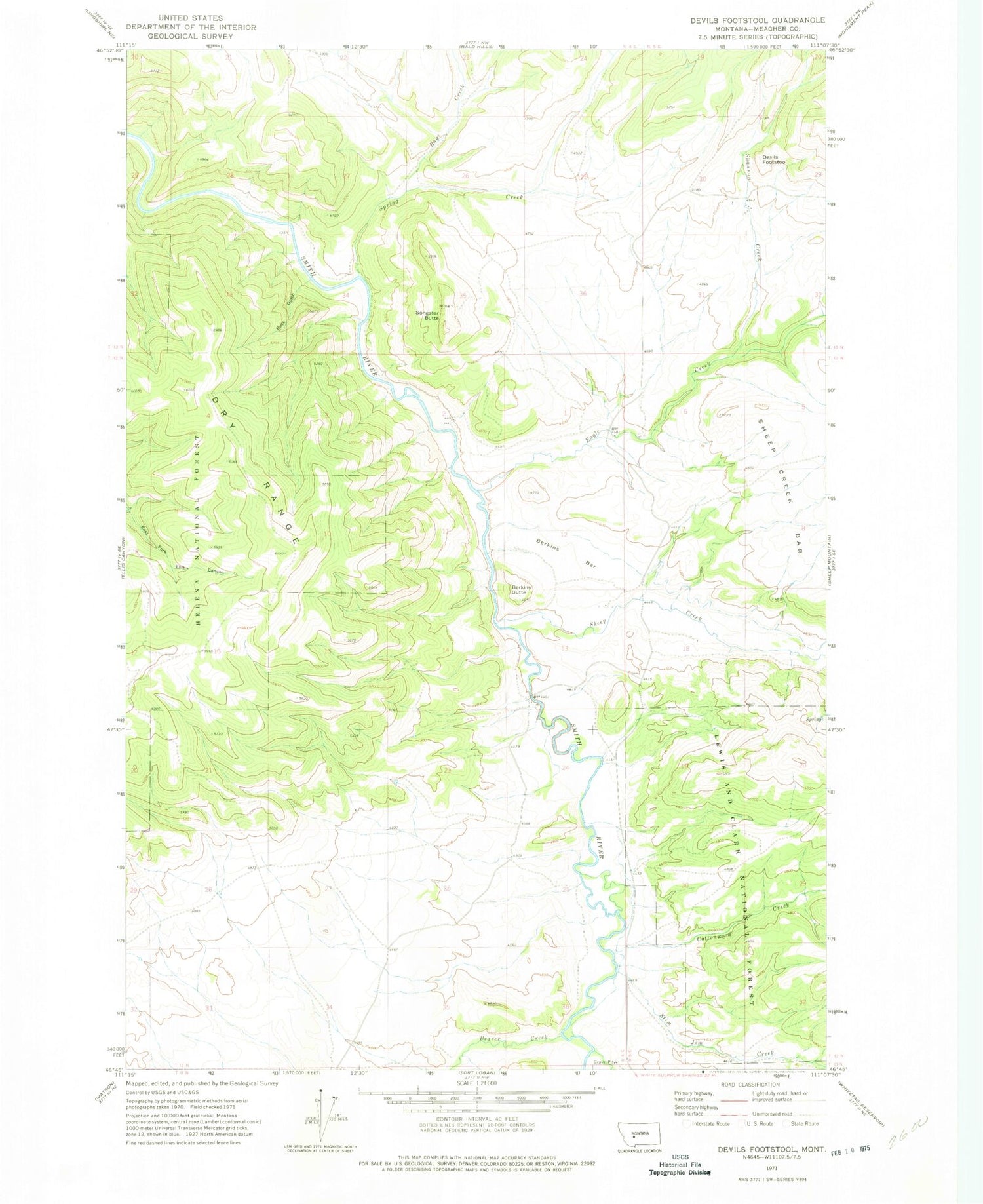 Classic USGS Devils Footstool Montana 7.5'x7.5' Topo Map Image