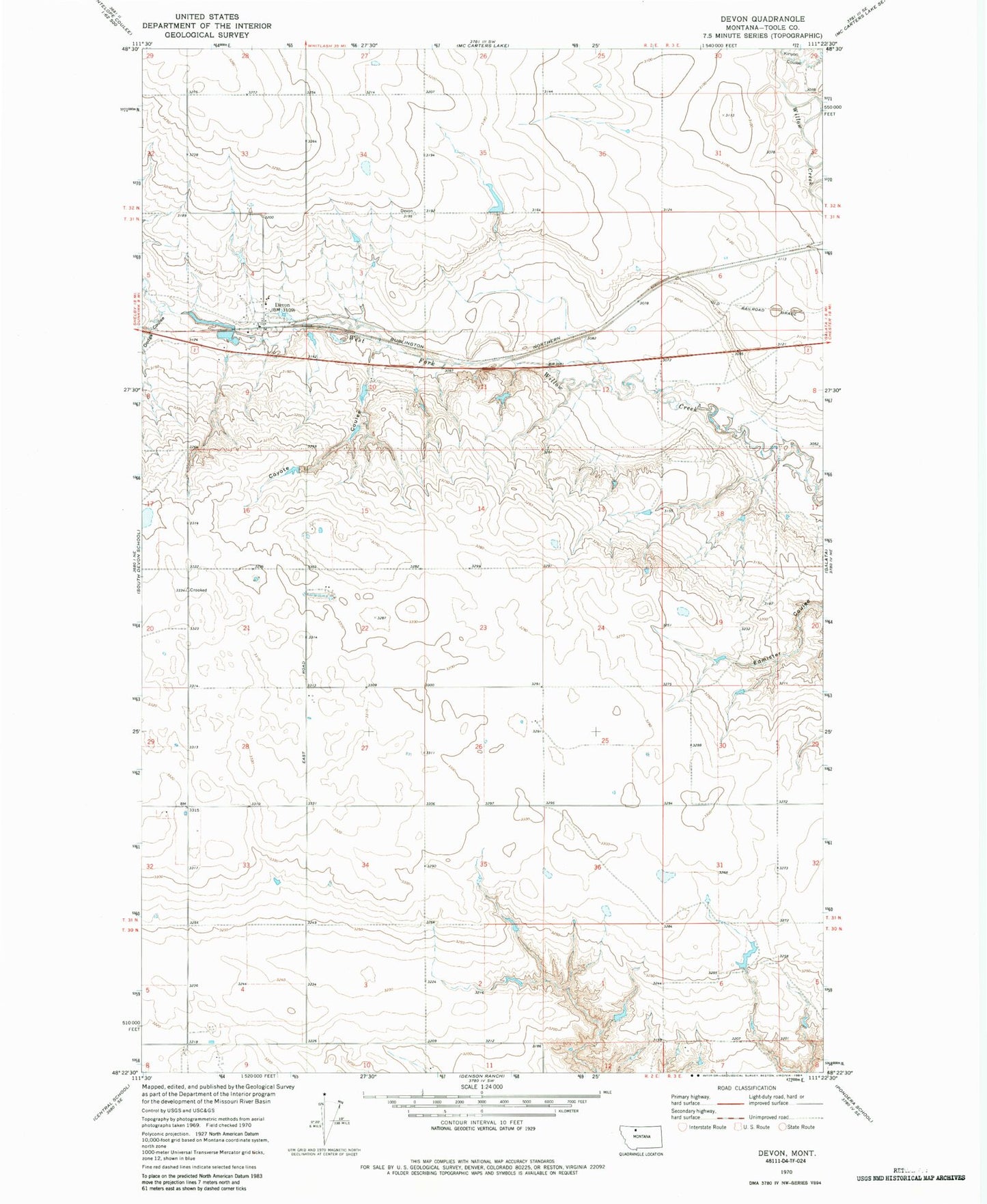 Classic USGS Devon Montana 7.5'x7.5' Topo Map Image