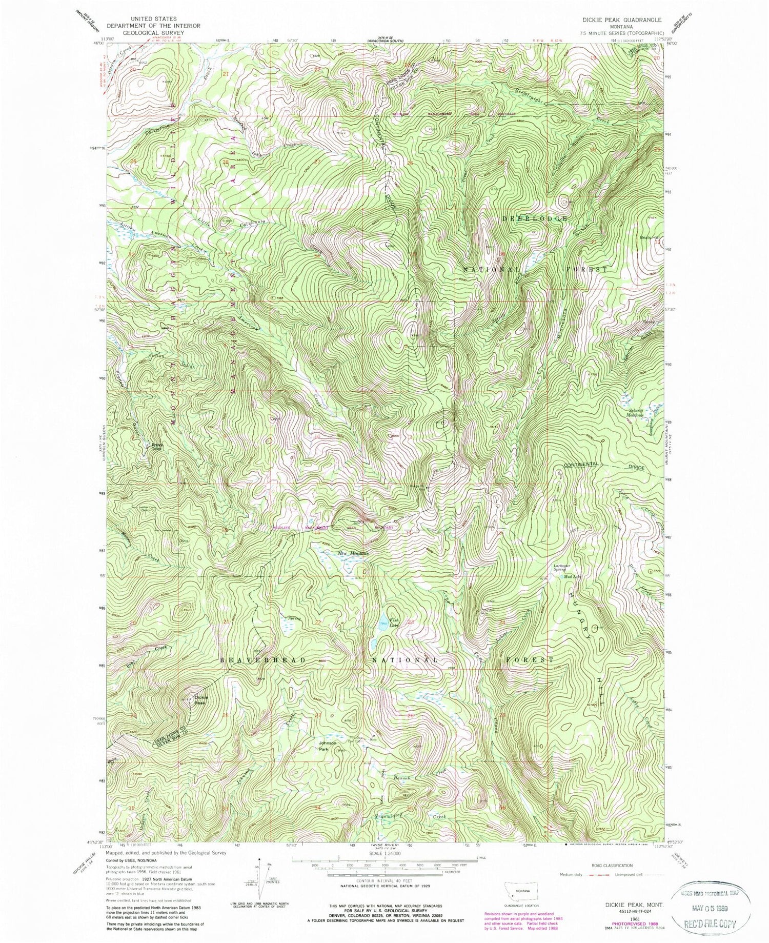 Classic USGS Dickie Peak Montana 7.5'x7.5' Topo Map Image