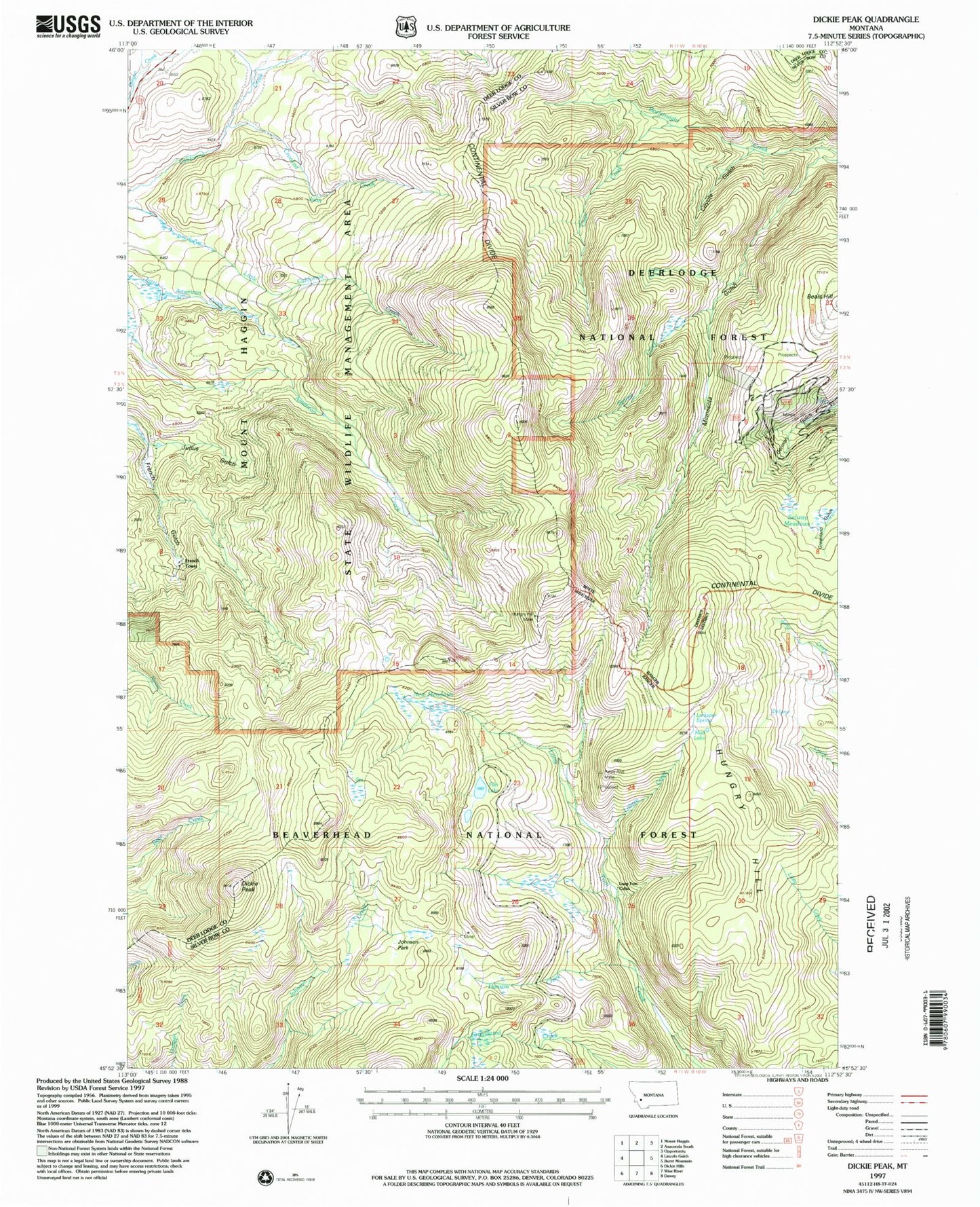 Classic USGS Dickie Peak Montana 7.5'x7.5' Topo Map Image