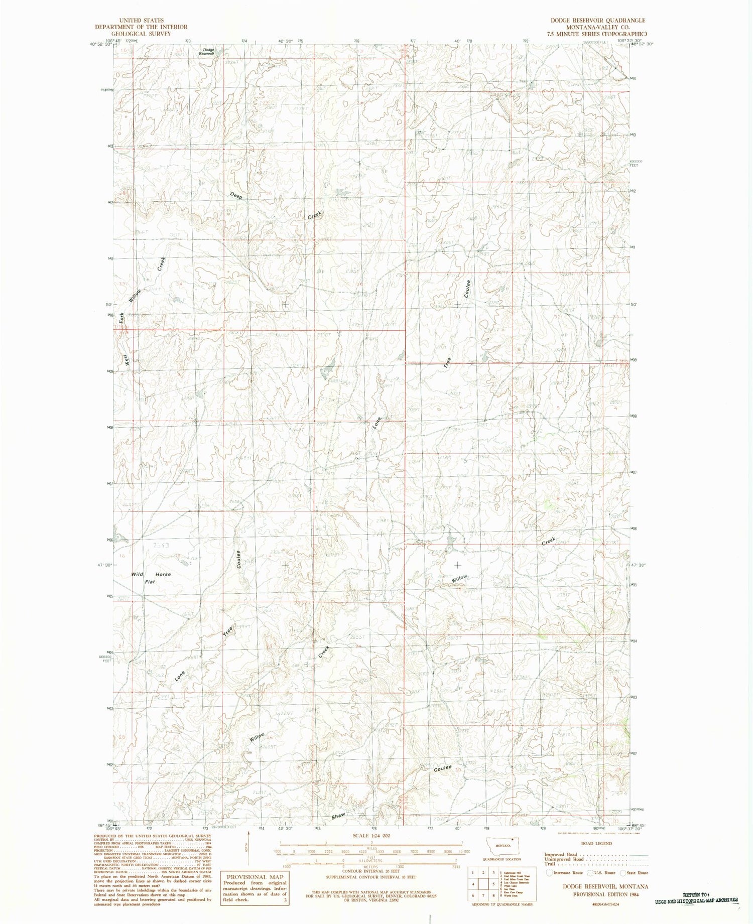 Classic USGS Dodge Reservoir Montana 7.5'x7.5' Topo Map Image